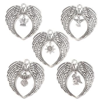 5Pcs 5 Styles Tibetan Style Alloy Big Pendants, Wing Charms, Antique Silver, 63x69x4mm, Hole: 6mm, 1pc/style