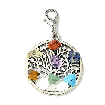 Tibetan Style Alloy Pendant Decorations, with Natural Chakra Mixed Gemstone Chips and Lobster Claw Clasps, Flat Round with Tree of Life, 55mm