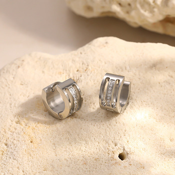 304 Stainless Steel Cubic Zirconia Hoop Earrings for Women, Stainless Steel Color, 13.5x7mm