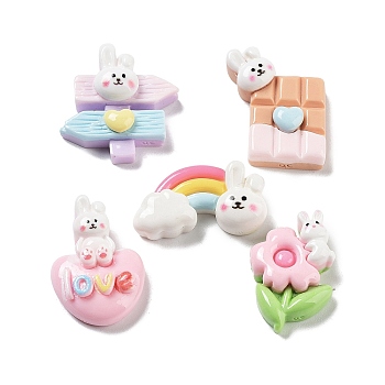 Rabbit Theme Opaque Resin Cabochons, Flower & Rainbow & Chocolate, Mixed Shapes, Mixed Color, 13~23x15~29.5x5~8mm
