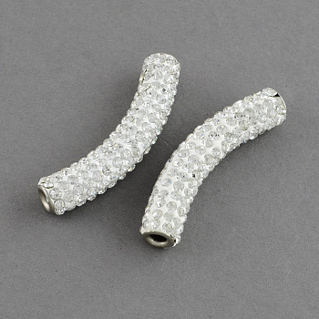 Polymer Clay Grade A Rhinestone Curved Tube Beads, Curved Tube Noodle Beads, with Double Brass Platinum Color Core, Crystal, 46x9mm, Hole: 3.5mm