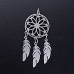 Non-Tarnish 201 Stainless Steel Pendants, with Jump Rings, Woven Net/Web with Feather, Stainless Steel Color, 46x20x1mm, Hole: 3mm, Ring: 5x0.8mm(STAS-S105-JN352-1)