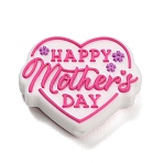 Mother's Day Silicone Beads, Heart with Word Happy Mother's Day, Pink, 25x30x9mm, Hole: 2mm(SIL-I022-03)
