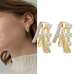 1 Pair Brass Rhinestone Stud Earrings for Women, Triple C-Shaped, Golden, 18x8mm(EJEW-LP0004-86)