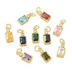 Brass Micro Pave Cubic Zirconia Pendants, Rectangle Charms, Real 18K Gold Plated, Mixed Color, 14.5x6.5x5mm, jump ring: 5x1mm, 3mm inner diameter(KK-L264-05G)