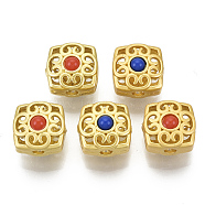 Brass Beads, with Resin, Hollow, Square, Matte Style, Matte Gold Color, Colorful, 10x10x8mm, Hole: 2mm(KK-S310-09)