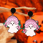 Cute White Ghost Stud Earrings, with Skeleton Head Tombstone Halloween Theme, Pink(AU5426-5)