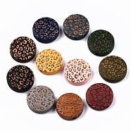 Painted Natural Wood Beads, Laser Engraved Pattern, Flat Round with Leopard Print, Mixed Color, 15x4.5mm, Hole: 1.5mm(WOOD-T021-49A-M)