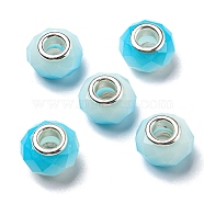 Glass European Beads, Large Hole Beads, with Silver Tone Brass Double Cores, Faceted Rondelle, Light Sky Blue, 14x9mm, Hole: 5mm(GPDL-I001-01F)