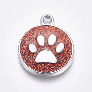 Enamel Charms, with Platinum Plated Alloy Findings and Glitter Powder, Flat Round with Dog Paw Prints, Red, 23x19x2.1mm, Hole: 2.1mm(ENAM-CJC0001-02A)