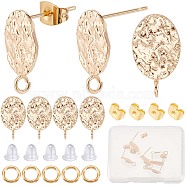10Pcs Brass Stud Earring Findings, with Vertical Loops, Nickel Free, Texture Oval, with 10Pcs Brass Ear Nuts & 10Pcs Jump Rings & 10Pcs Plastic Ear Nuts, Real 18K Gold Plated, 16x8.5mm, Hole: 1.8mm, Pin: 0.8mm(DIY-CN0002-47)