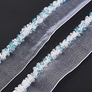 Organza Ribbon, with Glass Seed Beads, Garment Accessories, Sky Blue, 16~19mm(ORIB-N002-001A)