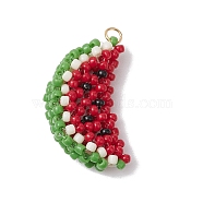 Handmade Glass Seed Beaded Watermelon Pendants, with Jump Ring, Red, 27x16x7.5mm, Hole: 2.5mm(PALLOY-MZ00395)