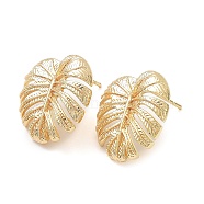 Brass Stud Earring Finding, with Vertical Loop, Tropical Leaf, Real 18K Gold Plated, 18x18mm, Hole: 1.2mm, Pin: 0.7mm(KK-C031-27G)