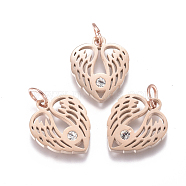 316 Surgical Stainless Steel Pendants, with Micro Pave Cubic Zirconia and Jump Ring, Long-Lasting Plated, Heart Wing, Clear, Real Rose Gold Plated, 14.7x12.3x1.5mm, Hole: 3.5mm(STAS-L242-07RG)