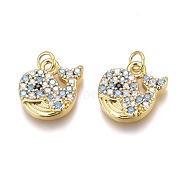 Brass Micro Pave Clear & Sky Blue Cubic Zirconia Charms, with Jump Rings, Long-Lasting Plated, Whale Shape, Real 18K Gold Plated, 12x12.5x3mm, Hole: 2mm(ZIRC-O035-11G)