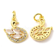Rack Plating Brass Micro Pave Cubic Zirconia Pendants, with Jump Ring, Swan, Real 18K Gold Plated, 13.5x12.5x2.8mm, Hole: 3.2mm(KK-D036-18G)