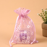 Rectangle Organza Drawstring Bags, Embroidery Flower Pattern, Flamingo, 14x10cm(CON-PW0001-062A-06)