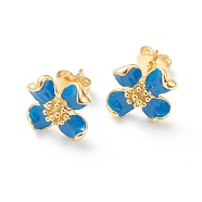 Brass Enamel Stud Earrings, with Ear Nuts, Flower, Real 18K Gold Plated, Dodger Blue, 11x12mm, Pin: 0.8mm(EJEW-H125-14C-G)