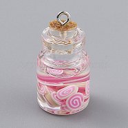 Transparent Glass Wishing Bottle Pendant Decorations, with Resin & Plastic Candy inside, Cork Stopper, Pink, 29x15mm, Hole: 2mm(EGLA-B002-02B)