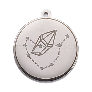 304 Stainless Steel Pendants, Flat Round with Star & Diamond, Stainless Steel Color, 28x25x1.4mm, Hole: 2mm(STAS-C032-02P)