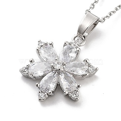 201 Stainless Steel Cable Chain Necklaces, Brass Clear Cubic Zirconia Flower Pendant Necklaces, Stainless Steel Color, 15.63 inch(39.7cm)(NJEW-L124-020P)