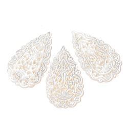 Natural White Shell Carved Cabochons, Teardrop, Seashell Color, 45x26x3mm(SSHEL-C012-13)