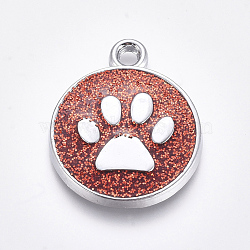 Enamel Charms, with Platinum Plated Alloy Findings and Glitter Powder, Flat Round with Dog Paw Prints, Red, 23x19x2.1mm, Hole: 2.1mm(ENAM-CJC0001-02A)