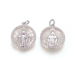 Brass Pendants, with Micro Pave Cubic Zirconia, Shell and Jump Rings, Flat Round with Virgin Mary, Clear, Platinum, 18x16x3mm, Hole: 3mm(KK-I656-27P)