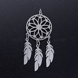 201 Stainless Steel Pendants, with Jump Rings, Woven Net/Web with Feather, Stainless Steel Color, 46x20x1mm, Hole: 3mm, Ring: 5x0.8mm(STAS-S105-JN352-1)