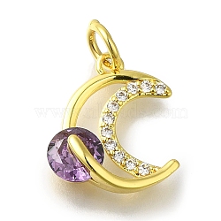 Moon Rack Plating Brass Micro Pave Cubic Zirconia Pendant, with Jump Ring, with Glass Rhinestone,Lead Free & Cadmium Free, Long-Lasting Plated, Golden, Medium Purple, 14x13x5mm(KK-H485-33G-02)