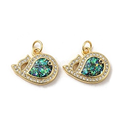 Rack Plating Brass Micro Pave Cubic Zirconia with Synthetic Opal Pendants, with Jump Ring, Lead Free & Cadmium Free, Long-Lasting Plated, Fish, Real 18K Gold Plated, Green, 18x15x3.5mm(KK-D088-38G-01)