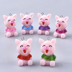 Resin Pendant Rhinestone Settings, with Platinum Tone Iron Findings, Cartoon Piggy with Clothes, Mixed Color, Fit for 2mm Rhinestone, 36x23~24x20mm, Hole: 2mm(X-RESI-T028-09)