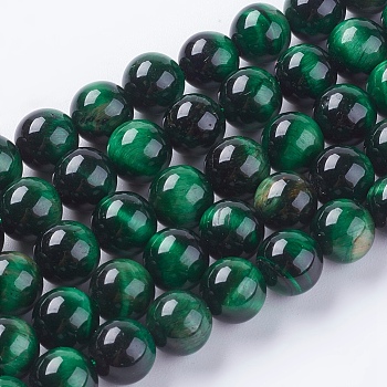 Natural Tiger Eye Beads Strands, Dyed & Heated, Round, Green, 8mm, Hole: 1mm, about 48pcs/strand, 15.75 inch