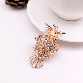 Brass Bead Cage Pendants, Hollow Owl Charms, for Chime Ball Pendant Necklaces Making, Light Gold, 18mm