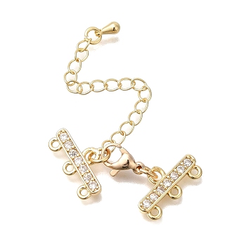 Rack Plating Brass Lobster Claw Clasps, with End Chains and Clear Cubic Zirconia Links, Long-Lasting Plated, Lead Free & Cadmium Free, Rectangle, 3-Strand, 6-Hole, Light Gold, 23mm, Hole: 1.2mm