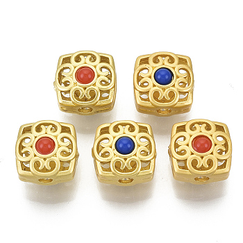 Brass Beads, with Resin, Hollow, Square, Matte Style, Matte Gold Color, Colorful, 10x10x8mm, Hole: 2mm