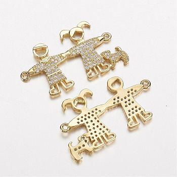 Electrophoresis Brass Micro Pave Cubic Zirconia Links, Long-Lasting Plated, Boy & Girl, Golden, 29x16.5x1.5mm, Hole: 1mm