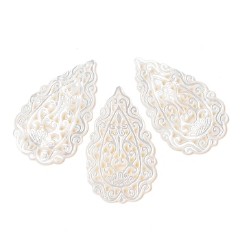 Natural White Shell Carved Cabochons, Teardrop, Seashell Color, 45x26x3mm