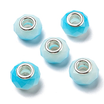 Glass European Beads, Large Hole Beads, with Silver Tone Brass Double Cores, Faceted Rondelle, Light Sky Blue, 14x9mm, Hole: 5mm