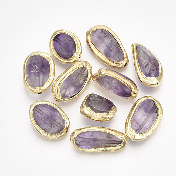 Natural Amethyst Beads, Electroplate Polymer Clay Edge, Nuggets, Gold, 15~25x11.5~15.5x7~12mm, Hole: 1mm