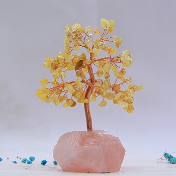 Natural Citrine & Rose Quartz Display Decoration, Undyed, with Brass Wire, for Home Desk Decorations, Tree of Life, 50~60x120~150mm
