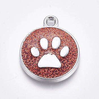 Enamel Charms, with Platinum Plated Alloy Findings and Glitter Powder, Flat Round with Dog Paw Prints, Red, 23x19x2.1mm, Hole: 2.1mm