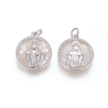 Brass Pendants, with Micro Pave Cubic Zirconia, Shell and Jump Rings, Flat Round with Virgin Mary, Clear, Platinum, 18x16x3mm, Hole: 3mm