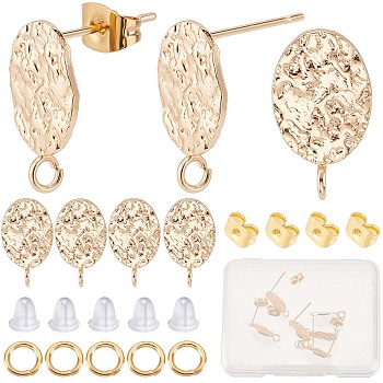 10Pcs Brass Stud Earring Findings, with Vertical Loops, Nickel Free, Texture Oval, with 10Pcs Brass Ear Nuts & 10Pcs Jump Rings & 10Pcs Plastic Ear Nuts, Real 18K Gold Plated, 16x8.5mm, Hole: 1.8mm, Pin: 0.8mm