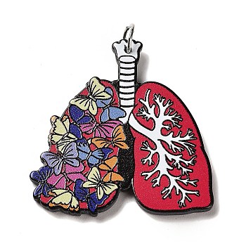 Perfect Printed Acrylic Pendants, with Iron Jump Ring, Lung Charms, Butterfly, Crimson, 40x38x2.5mm, Hole: 5mm
