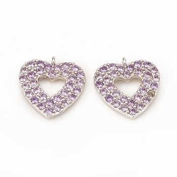 Brass Micro Pave Cubic Zirconia Charms, Heart, Platinum, Lilac, 15x14.5x2.5mm, Hole: 1mm