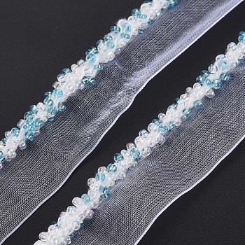 Organza Ribbon, with Glass Seed Beads, Garment Accessories, Sky Blue, 16~19mm