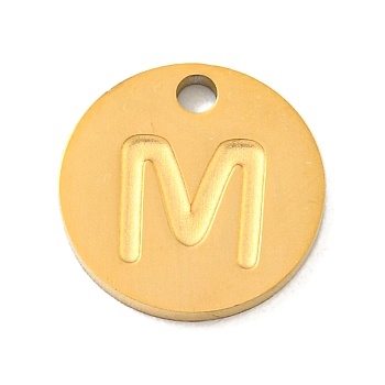 Ion Plating(IP) 304 Stainless Steel Pendants, Laser Cut, Flat Round with Letter Charm, Golden, Letter M, 10x1mm, Hole: 1.4mm