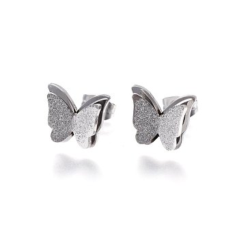 Tarnish Resistant 304 Stainless Steel Stud Earrings, Textured, Butterfly, Stainless Steel Color, 10x12x3.5mm, Pin: 0.8mm